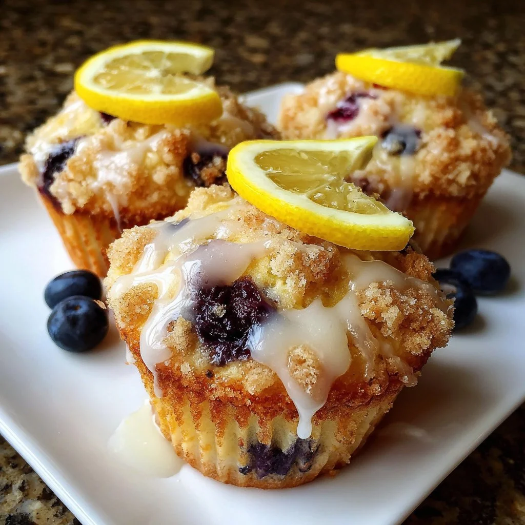 Lemon blueberry streusel muffins with a lemon glaze on a wooden table.