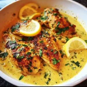 Plate of Lemon Butter Chicken garnished with herbs and lemon slices