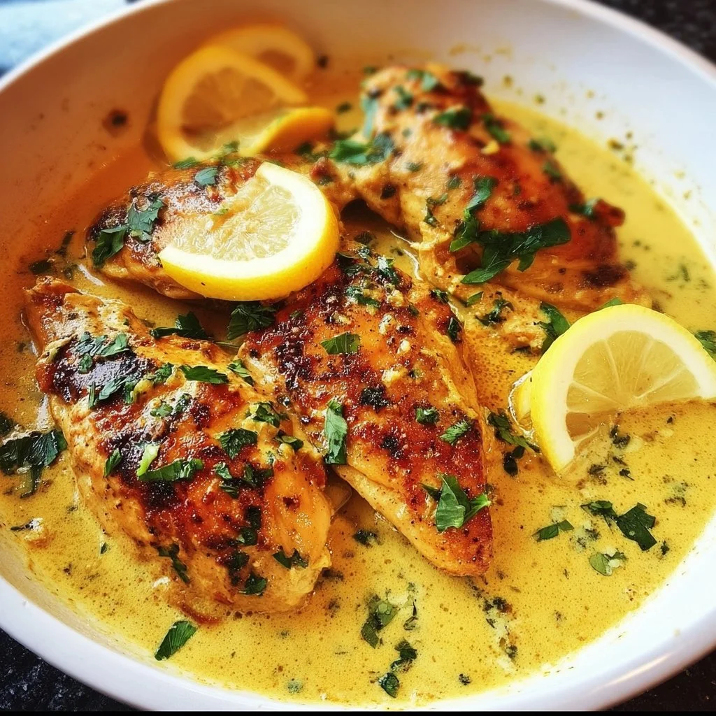 Plate of Lemon Butter Chicken garnished with herbs and lemon slices