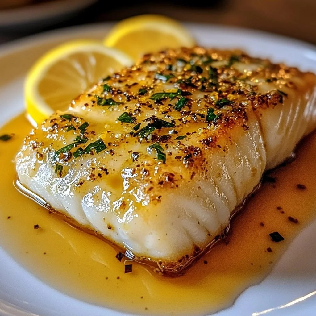 Lemon Butter Sautéed Cod served with fresh herbs and lemon wedges.