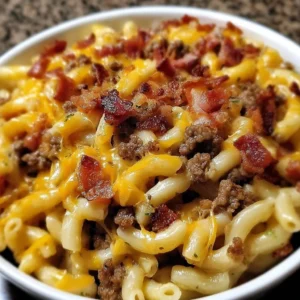 Delicious Loaded Bacon Cheeseburger Pasta with cheese and bacon toppings