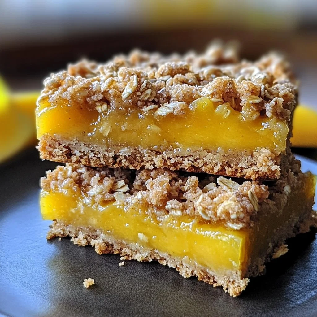 Delicious Mango Oatmeal Crumble Bars topped with fresh mango slices and oats