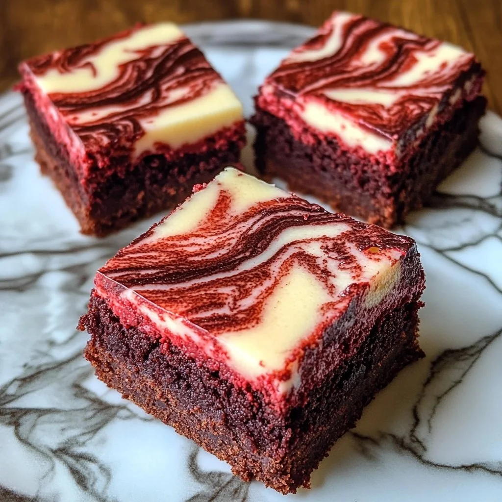 Marbled red velvet cheesecake brownies on a white plate