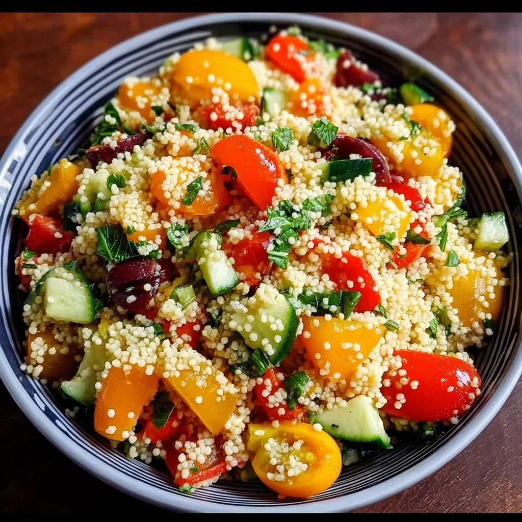 Mediterranean Couscous Salad with fresh vegetables and herbs in a bowl