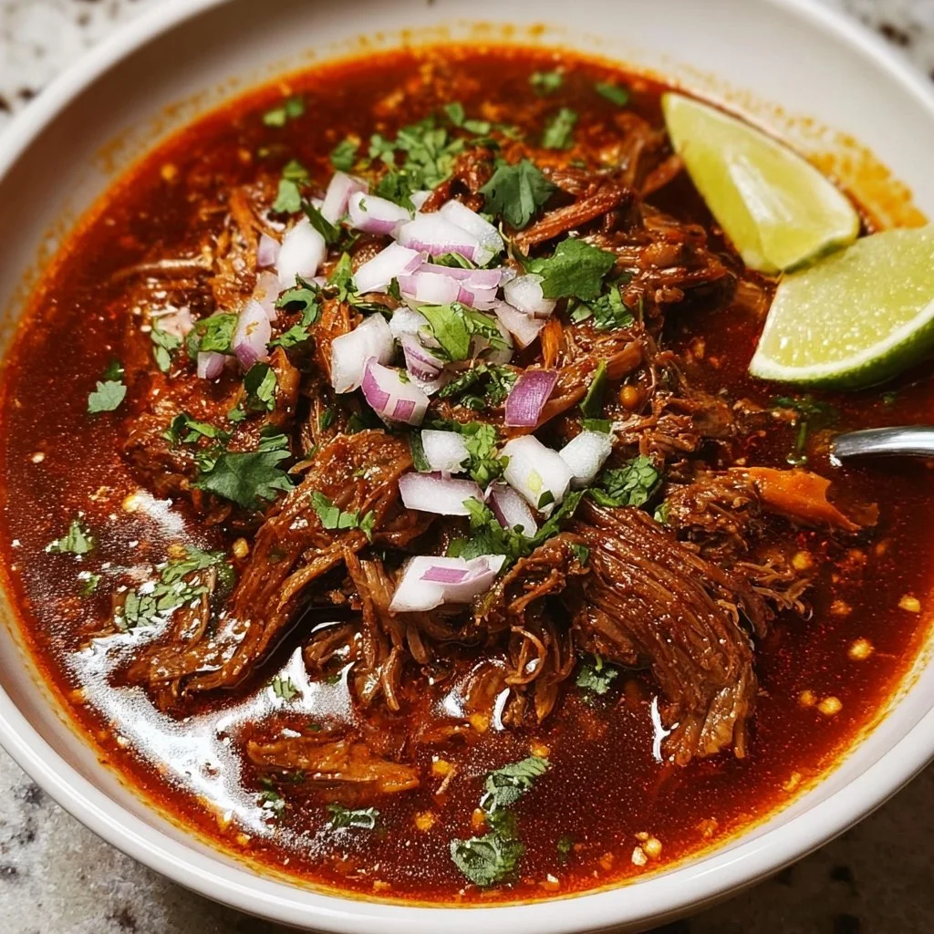 Delicious Mexican Birria prepared in a crockpot, served with lime and cilantro.