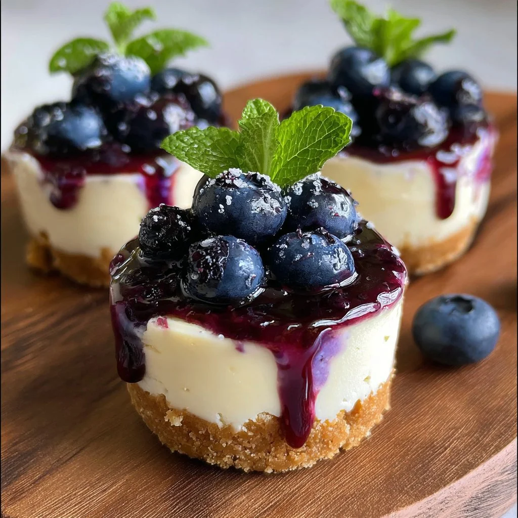 Delicious mini blueberry cheesecakes topped with fresh blueberries