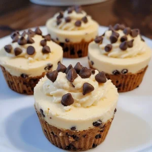 Mini cookie dough cheesecakes topped with chocolate chips