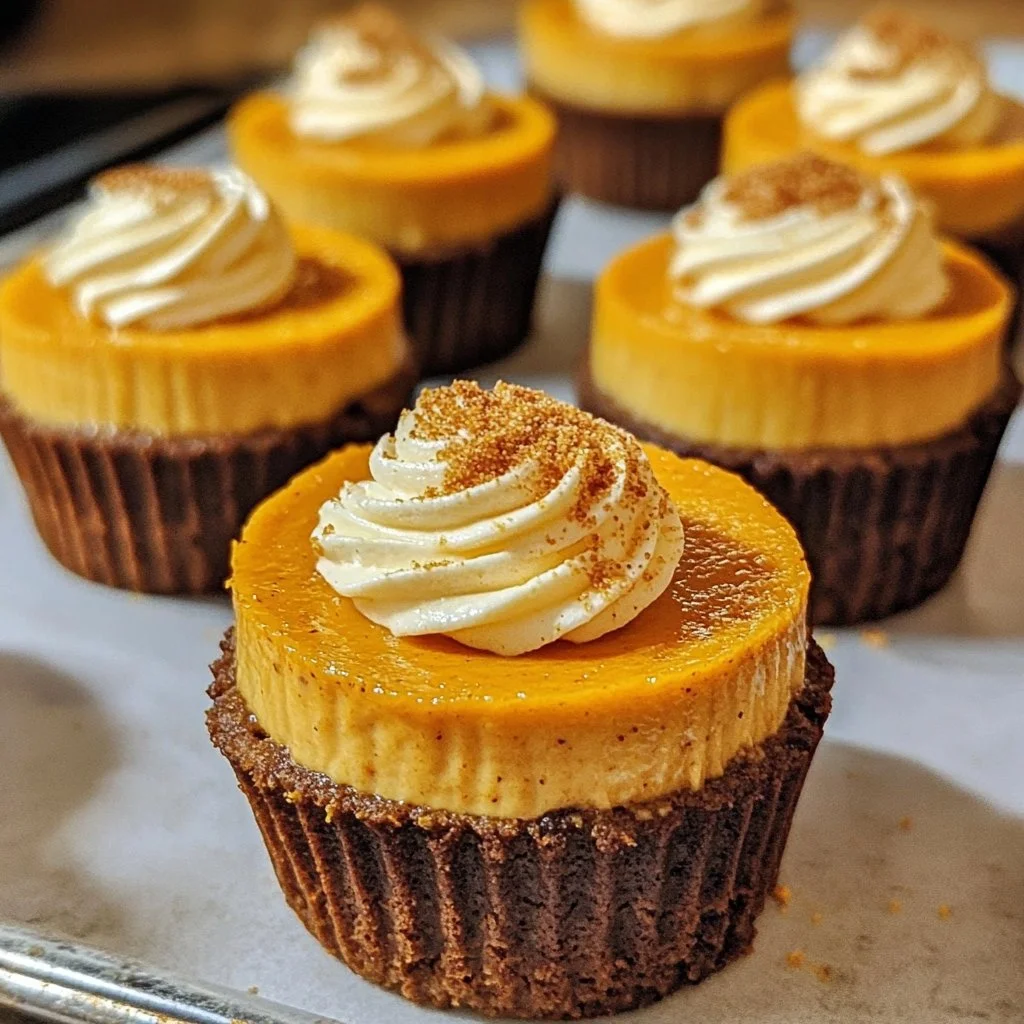 Mini pumpkin cheesecakes topped with whipped cream and a sprinkle of cinnamon