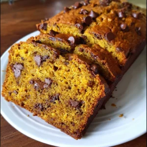 Moist pumpkin banana bread with chocolate chips on a rustic wooden table.