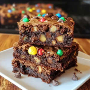 Delicious Monster Cookie Brownies topped with colorful sprinkles and chocolate
