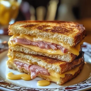 Delicious Monte Cristo Sandwich with ham, turkey, and cheese on a plate.