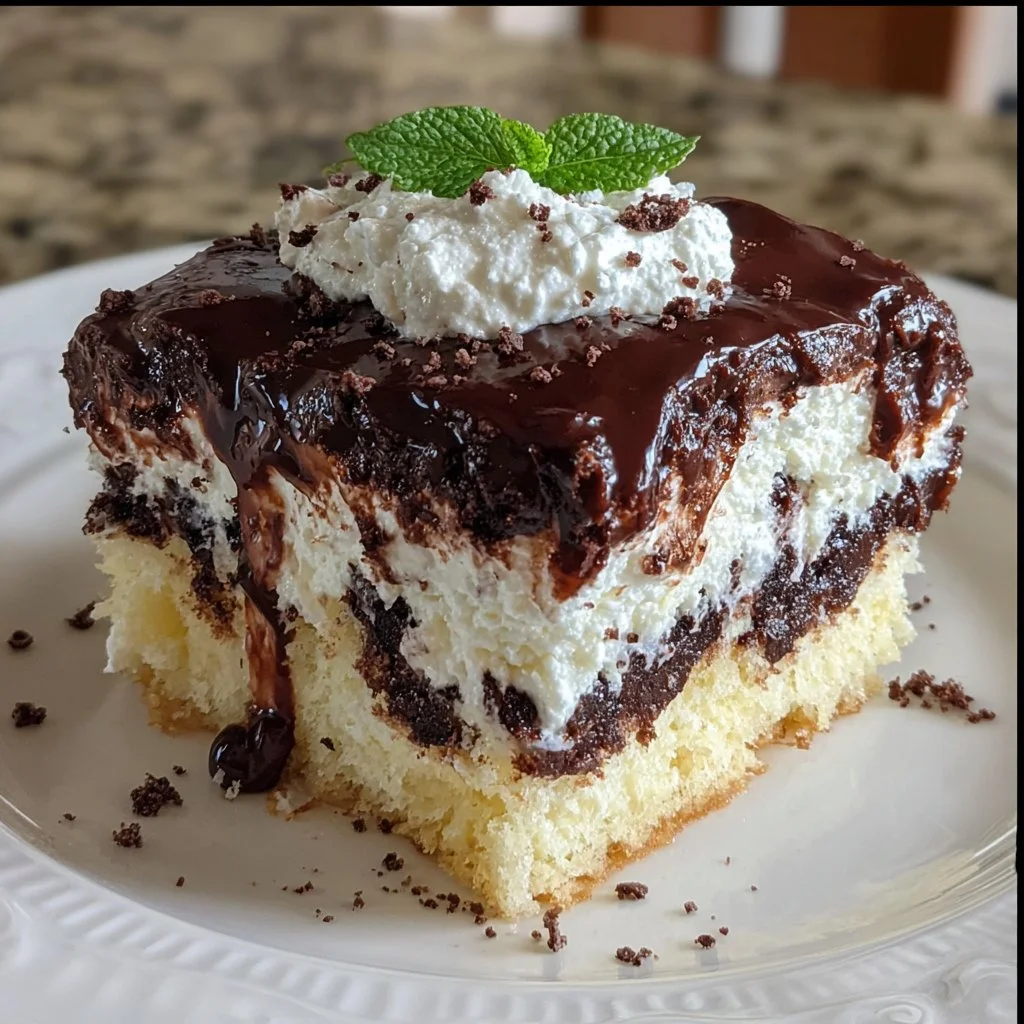 Delicious Mounds Poke Cake topped with chocolate and coconut frosting