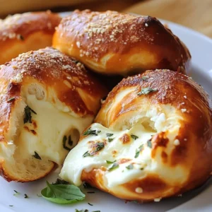 Fresh mozzarella-stuffed soft pretzels on a wooden board