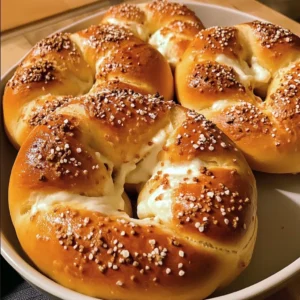 Mozzarella stuffed soft pretzels fresh out of the oven, golden and cheesy.