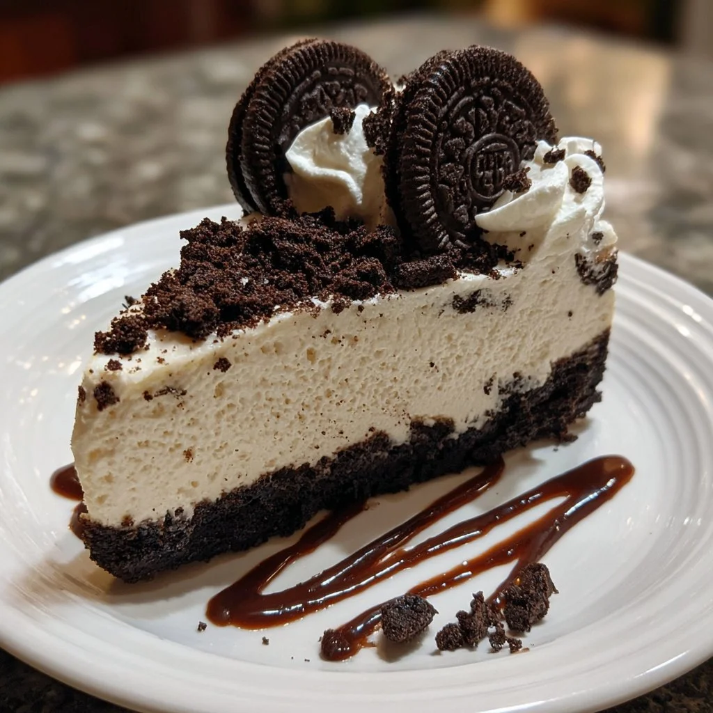 Creamy no-bake Oreo cheesecake topped with crushed Oreos and chocolate drizzle.