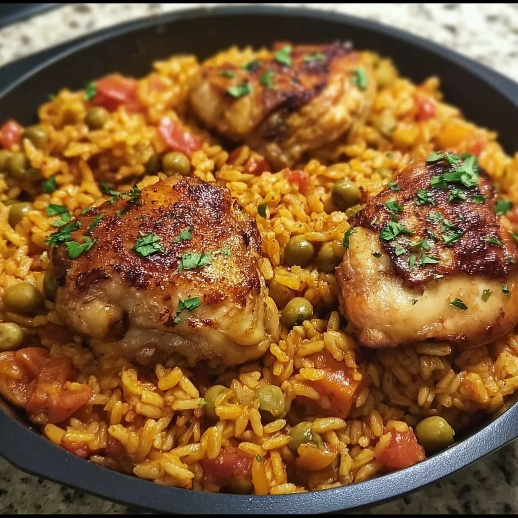 One Pan Spanish Chicken and Rice dish served in a skillet with vibrant colors.