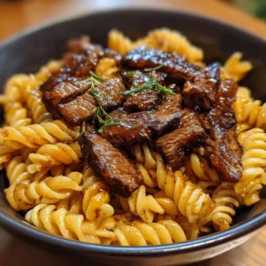One-Pot Smoky Honey BBQ Steak Pasta served with herbs