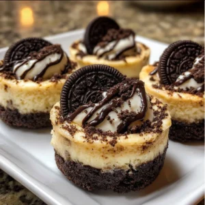 Oreo cheesecake cookie cups topped with crumbled Oreos and chocolate drizzle
