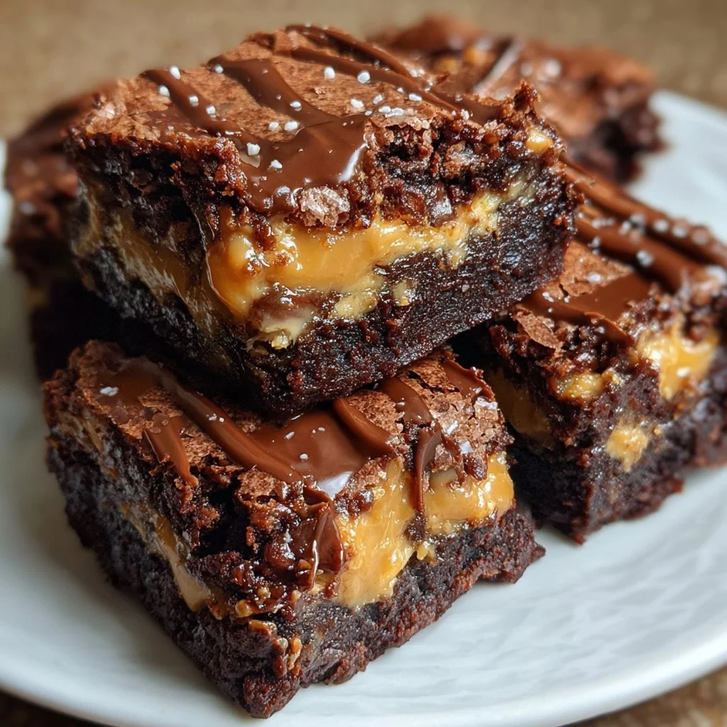 Decadent Snickers brownies topped with chocolate and caramel.