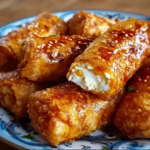 Oven-fried feta rolls with chili honey on a plate, garnished attractively.