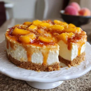 Delicious Peach Cobbler Cheesecake topped with fresh peaches and a buttery crust