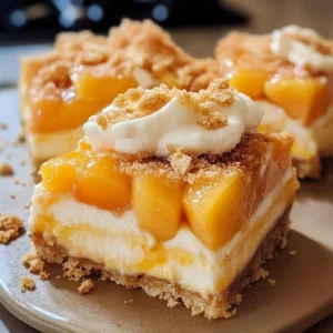 Delicious peach cobbler cheesecake bars with a golden crust and fresh peaches.