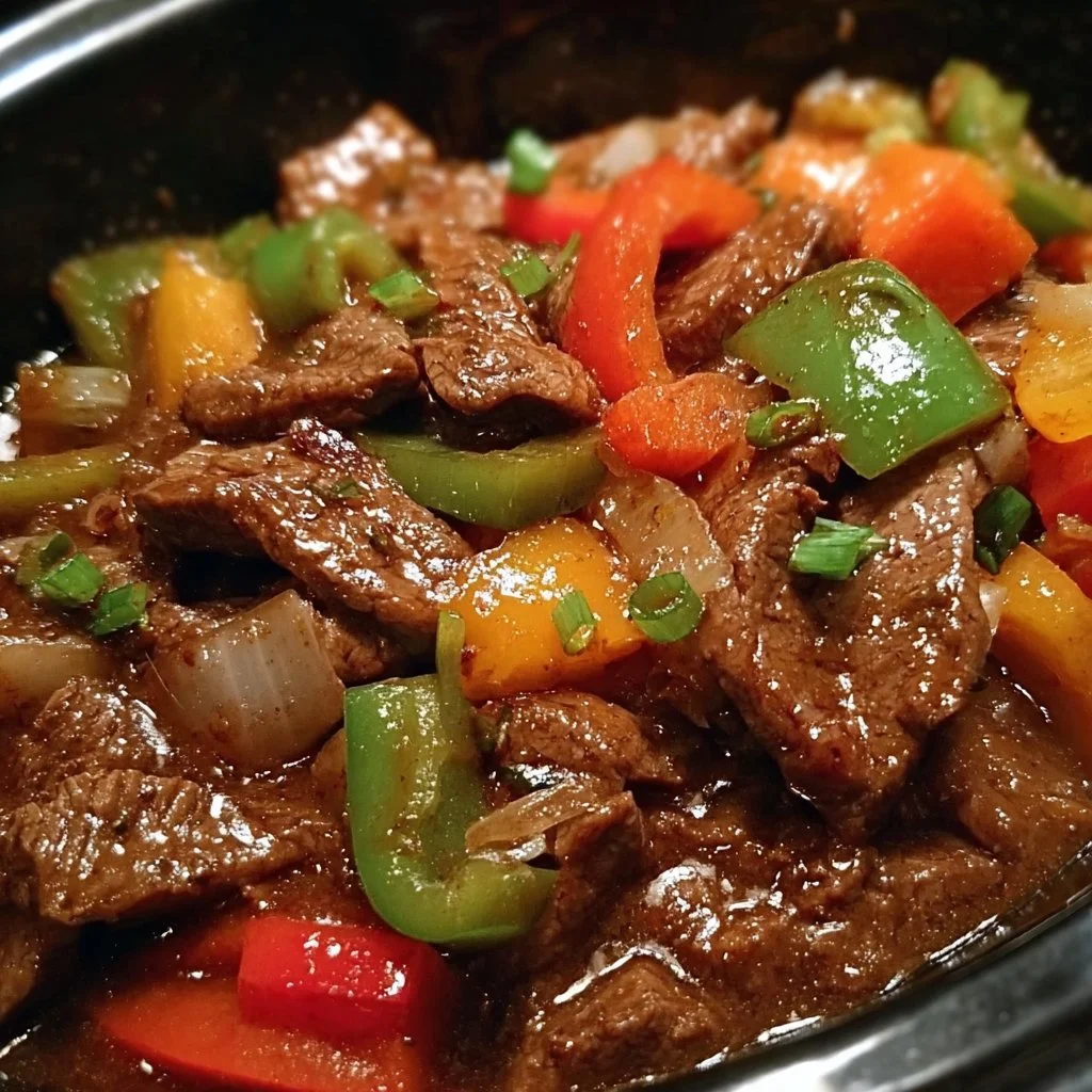 Delicious Pepper Steak cooked in a Crock Pot, ready to serve.