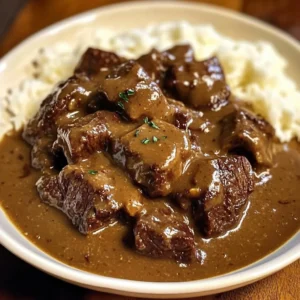 Pioneer Woman beef tips and gravy served in a bowl