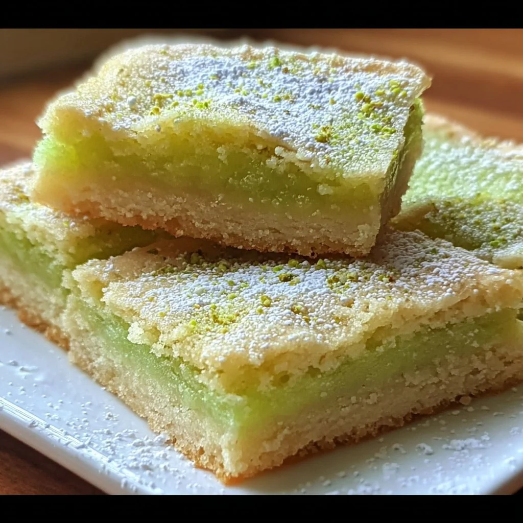 Delicious pistachio pudding sugar cookie bars on a plate