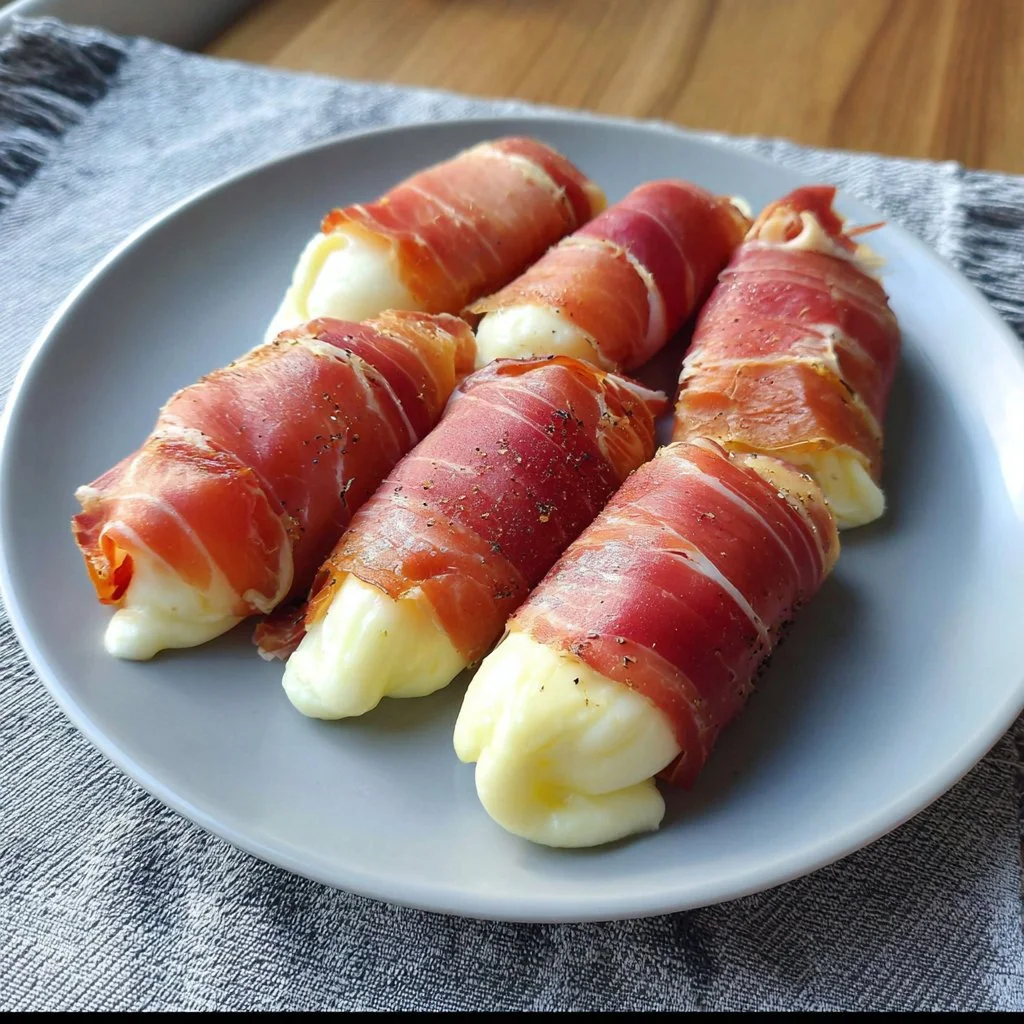 Prosciutto wrapped mozzarella served as a delicious appetizer.