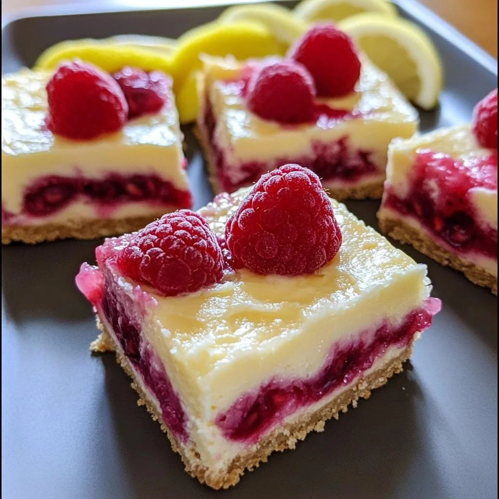 Raspberry lemonade cheesecake bars topped with fresh raspberries and lemon zest