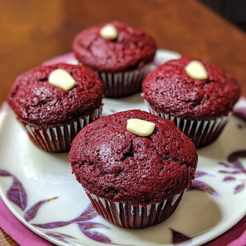 Freshly baked red velvet muffins with cream cheese frosting