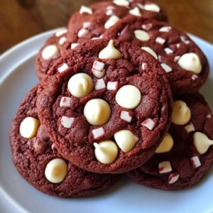 Delicious red velvet white chocolate chip cookies on a baking tray