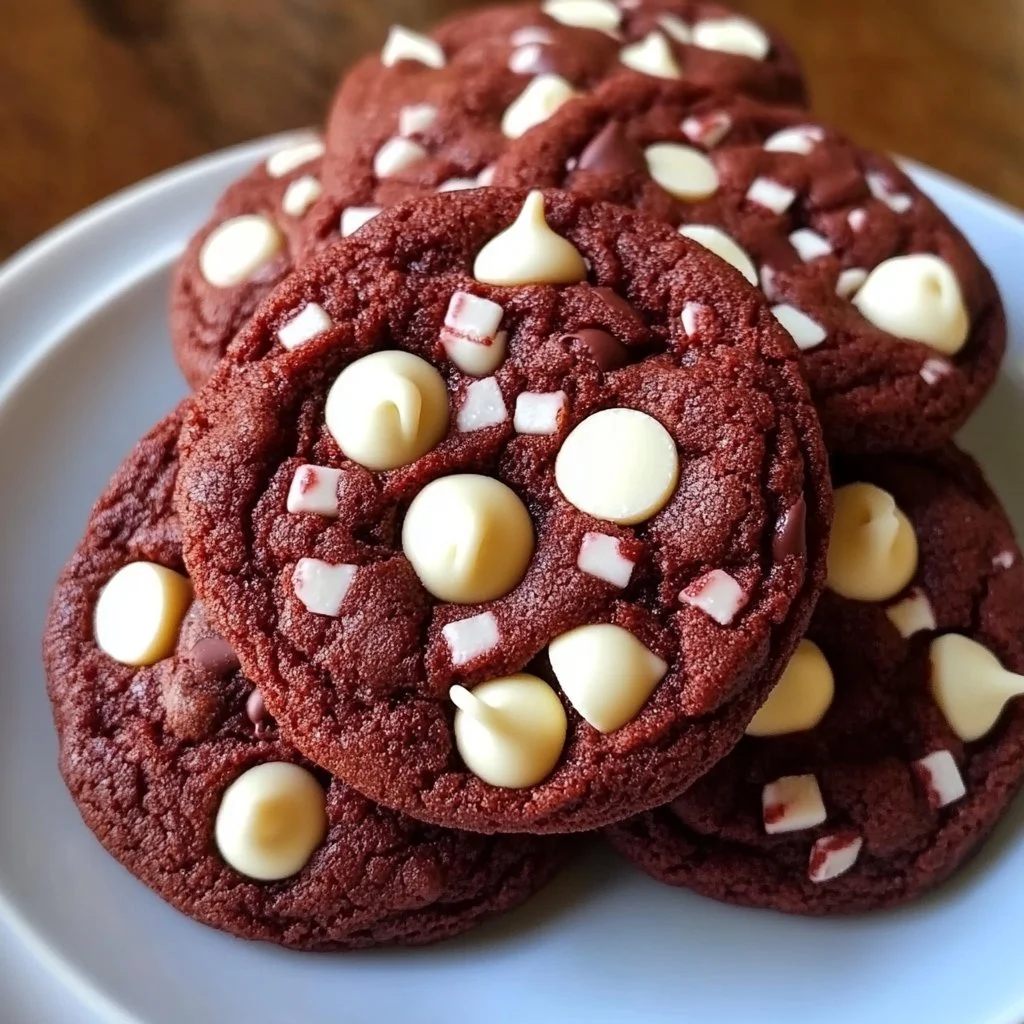 Delicious red velvet white chocolate chip cookies on a baking tray