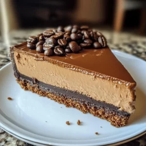 Slice of rich espresso cheesecake garnished with chocolate coffee beans