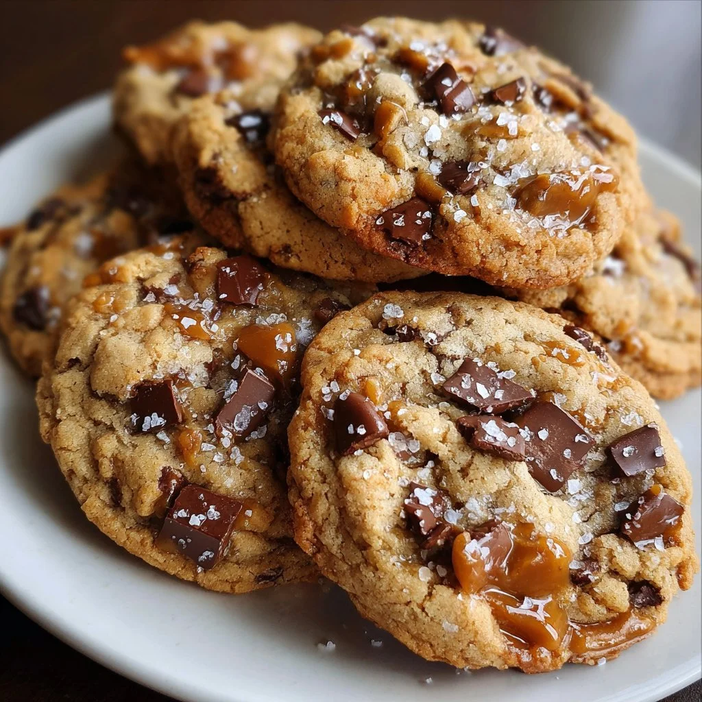 Delicious salted caramel chocolate chip cookies on a plate