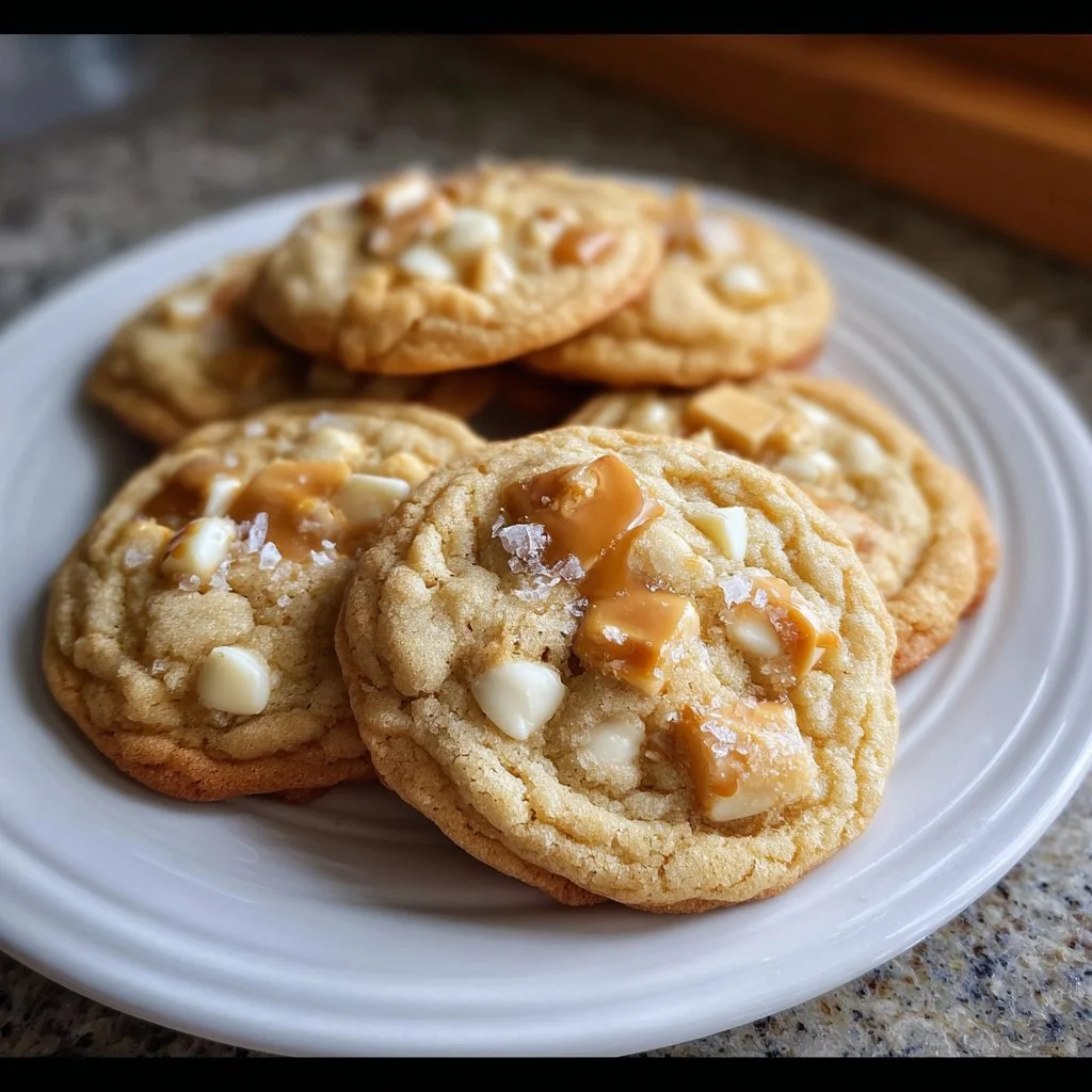 Delicious salted caramel white chocolate cookies stacked on a plate
