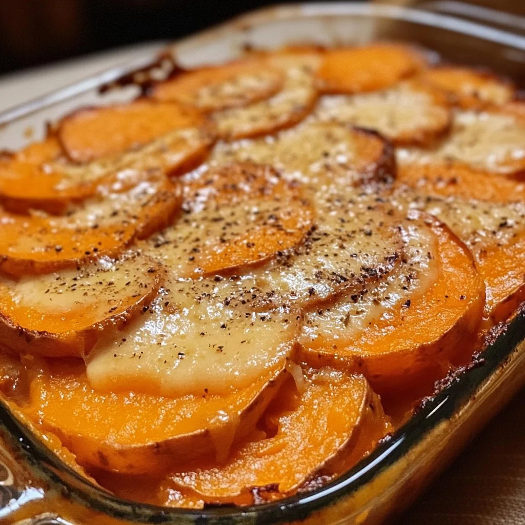 Baked scalloped sweet potatoes with creamy cheese sauce