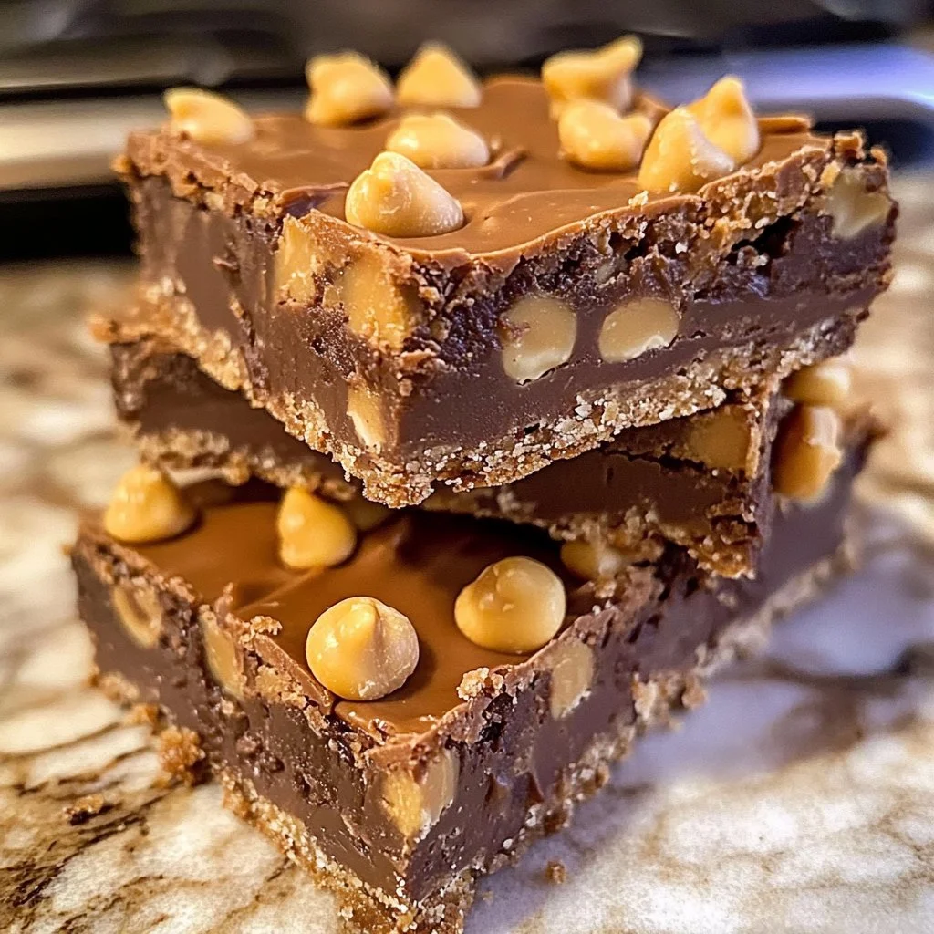 Deliciously loaded peanut butter bars topped with chocolate and nuts.