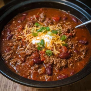 Delicious slow cooker beef chili served in a bowl topped with cheese and herbs.