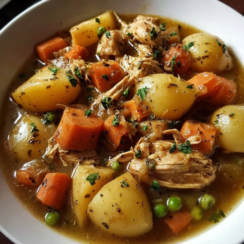Delicious slow cooker chicken stew with vegetables and herbs in a bowl.