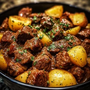Slow cooked garlic butter beef bites with potatoes in a savory sauce