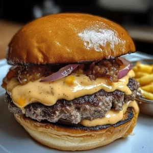 Delicious smash burgers topped with baconnaise sauce on a plate.