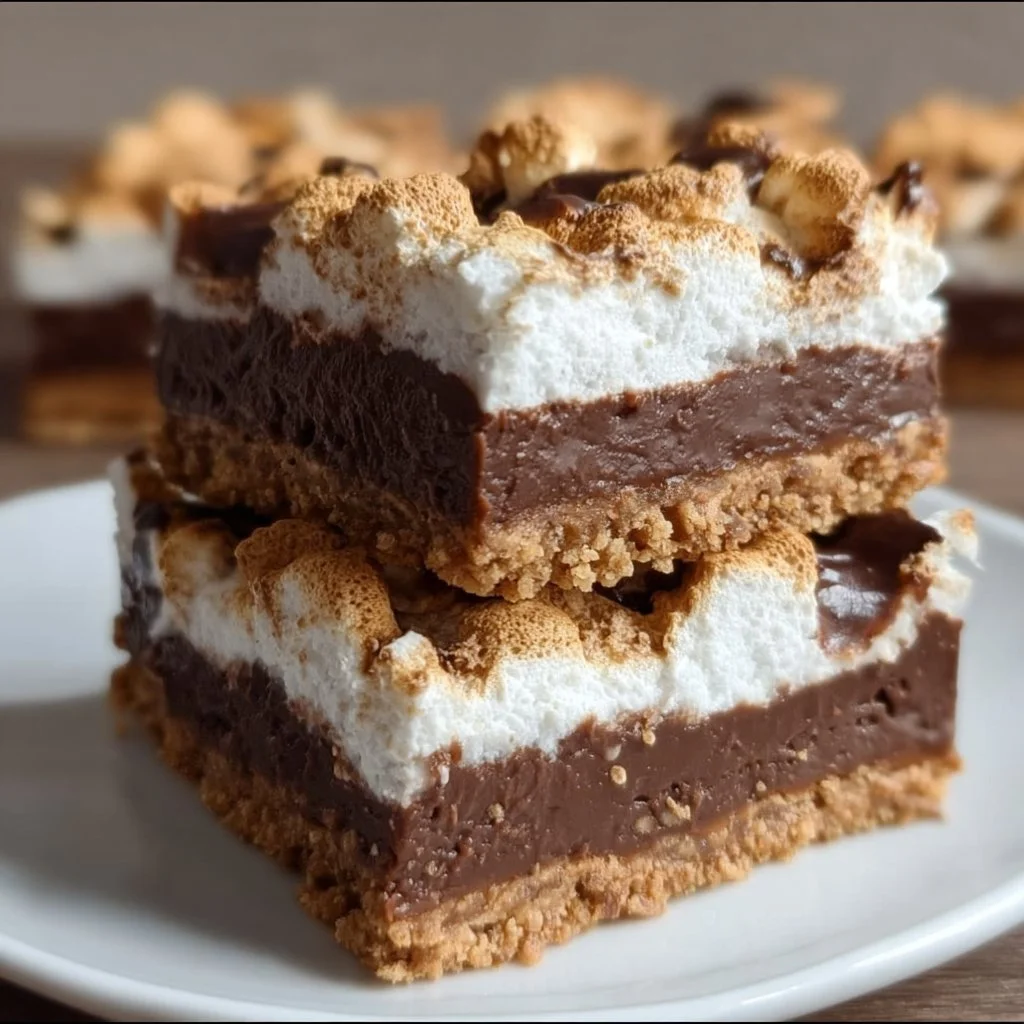 Delicious S'mores Bars with chocolate and marshmallows on a plate