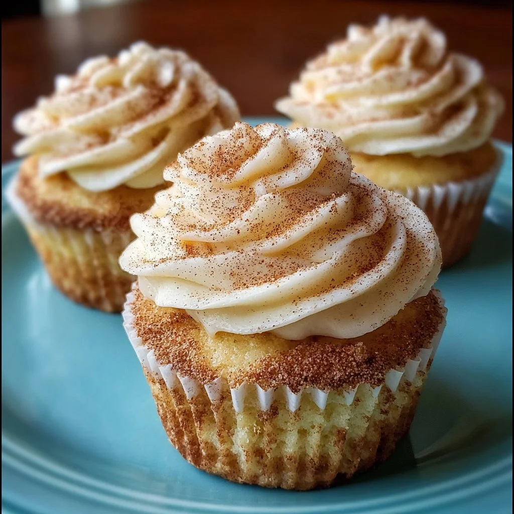 Delicious Snickerdoodle Cupcakes topped with creamy frosting and cinnamon sugar.