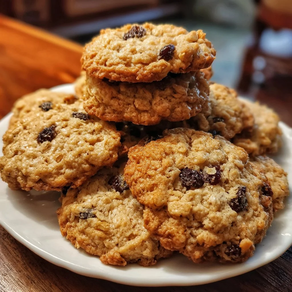Freshly baked soft and chewy oatmeal raisin cookies on a plate