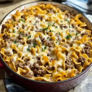 Sour Cream Beef Noodle Casserole topped with cheese and served in a baking dish.