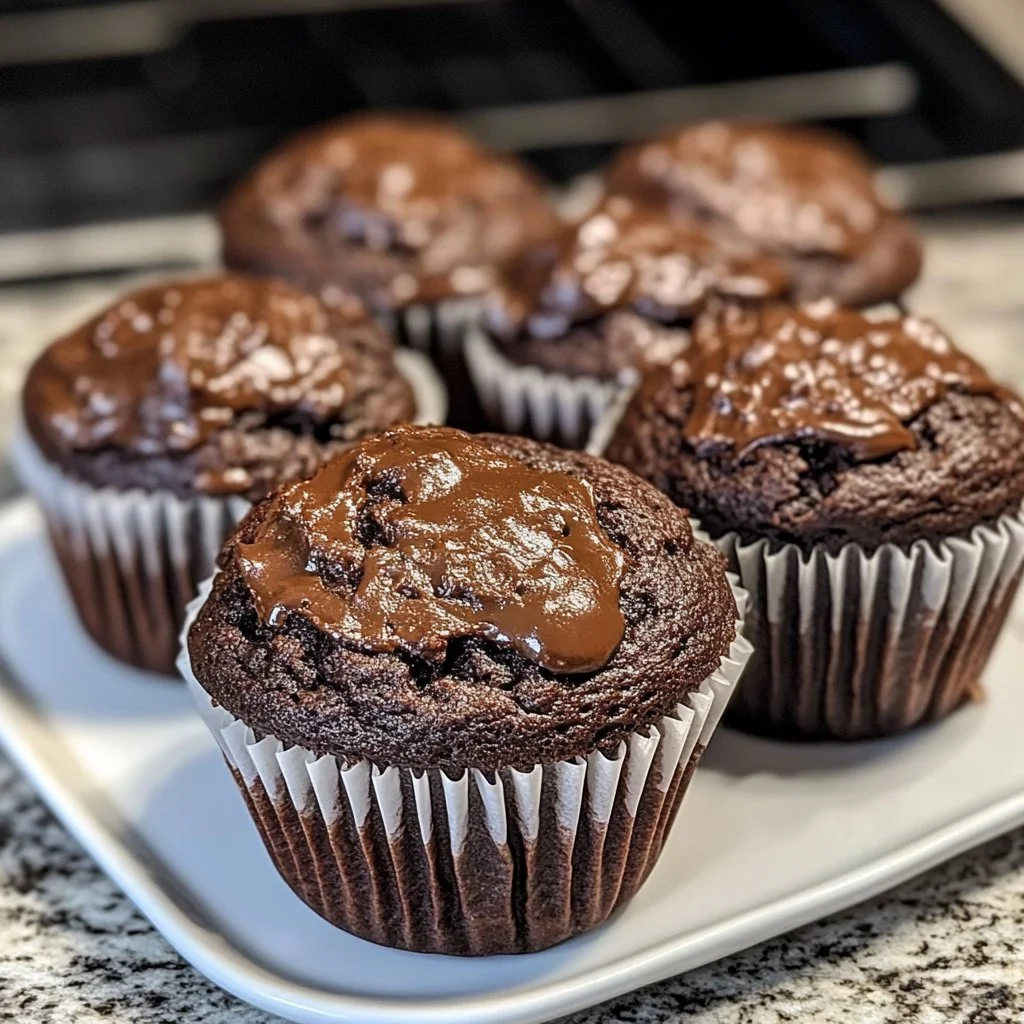 Delicious sour cream double chocolate muffins topped with chocolate chips.