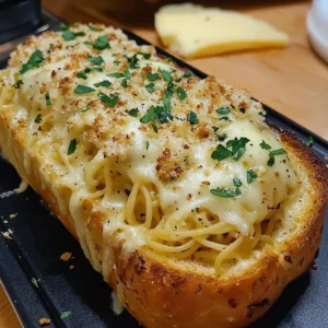 Spaghetti Stuffed Garlic Bread with melted cheese and herbs