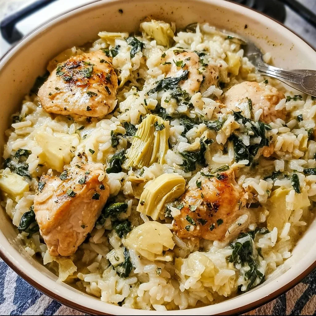 Creamy Spinach Artichoke Chicken with Rice served in a bowl